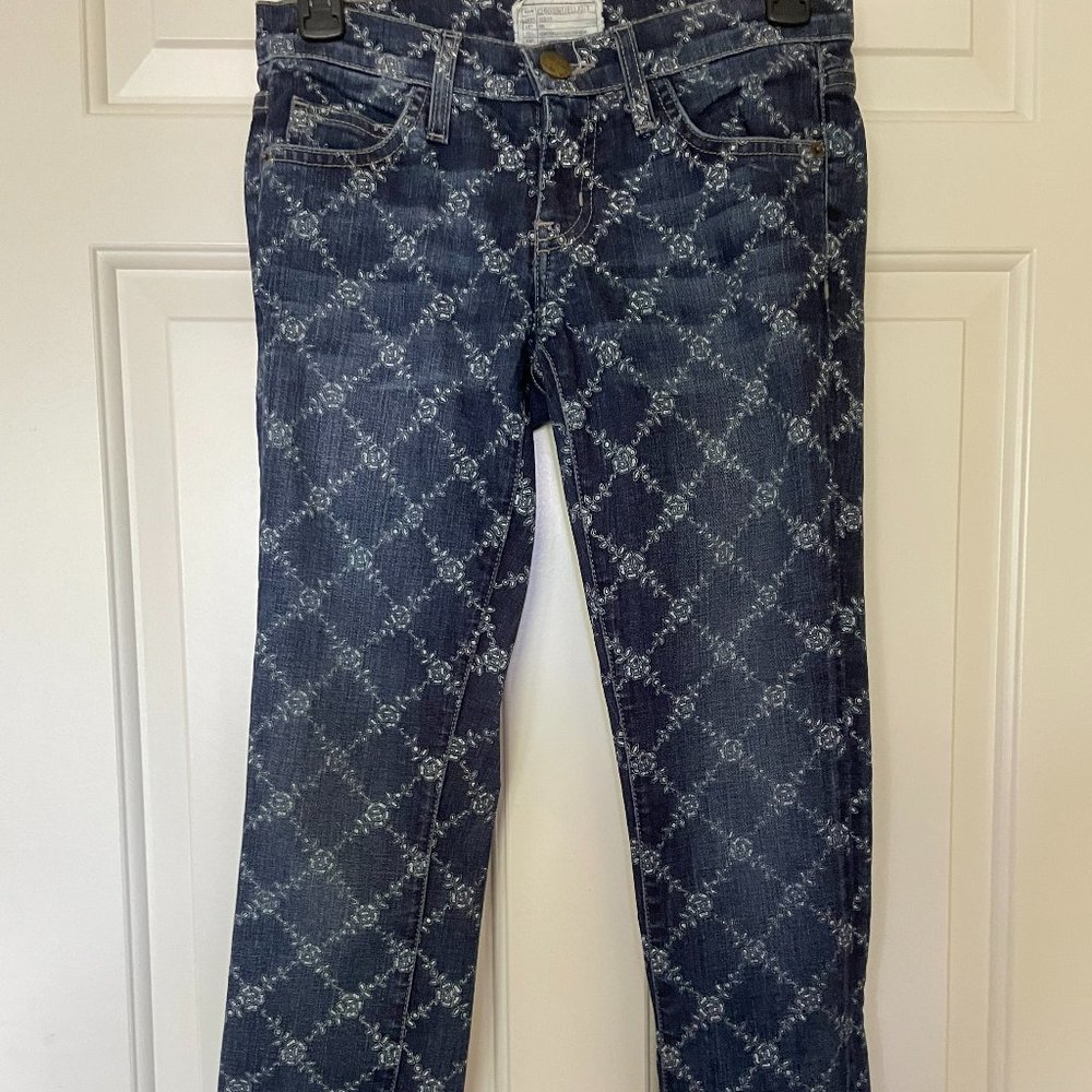 Current/Elliott The Rolled Skinny Jean Indigo Rose Lattice Printed Jeans Size 24
